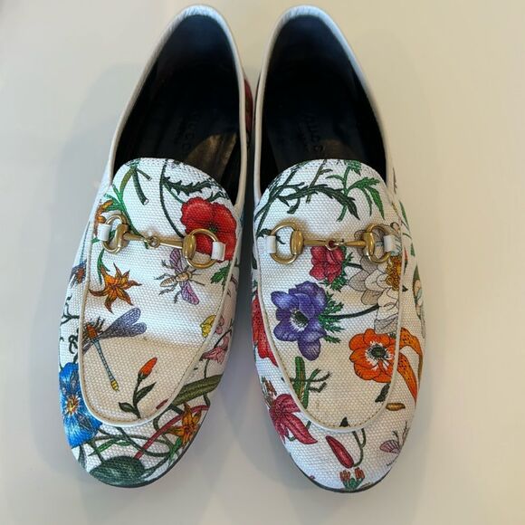 Gucci White Floral Canvas Jordaan Horsebit Slip On Loafer Shoes Size 37 / US 7 - Picture 1 of 6